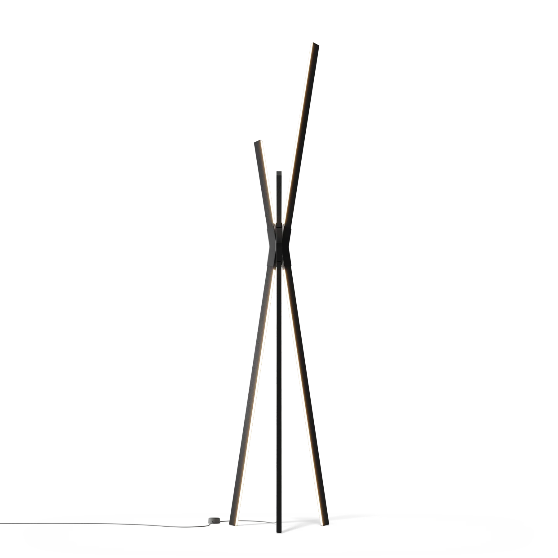 Image of a Stickbulb Floor Bang lighting fixture. The modern fixture consists of sleek wooden beams with multiple integrated LED bulbs. The bulbs emit warm, diffused light, casting a gentle glow in the surrounding space. The wooden beam is suspended from thin cables, giving it a floating appearance.