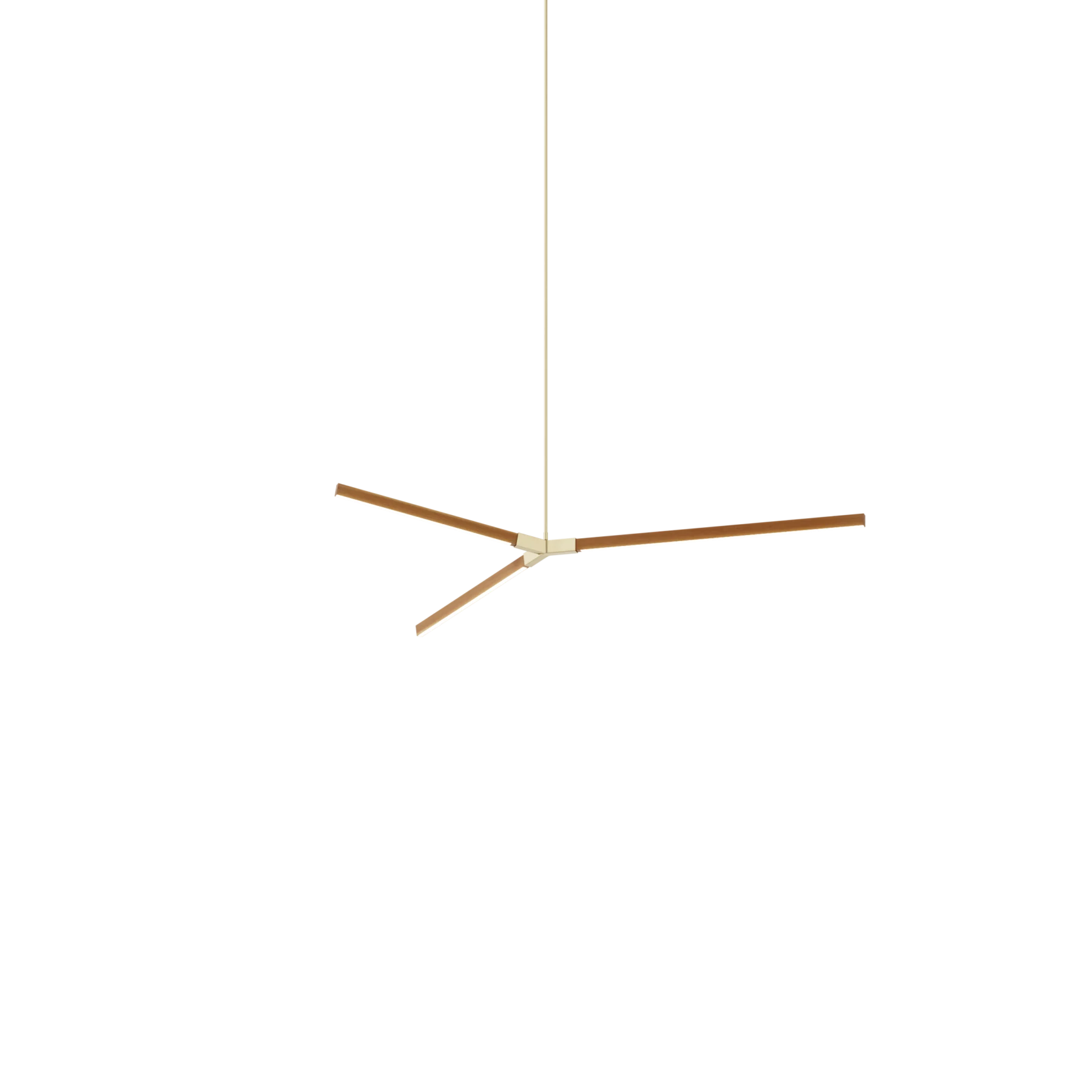 Image of a Stickbulb Bough lighting fixture. The modern fixture consists of sleek wooden beams with multiple integrated LED bulbs. The bulbs emit warm, diffused light, casting a gentle glow in the surrounding space. The wooden beam is suspended from thin cables, giving it a floating appearance.