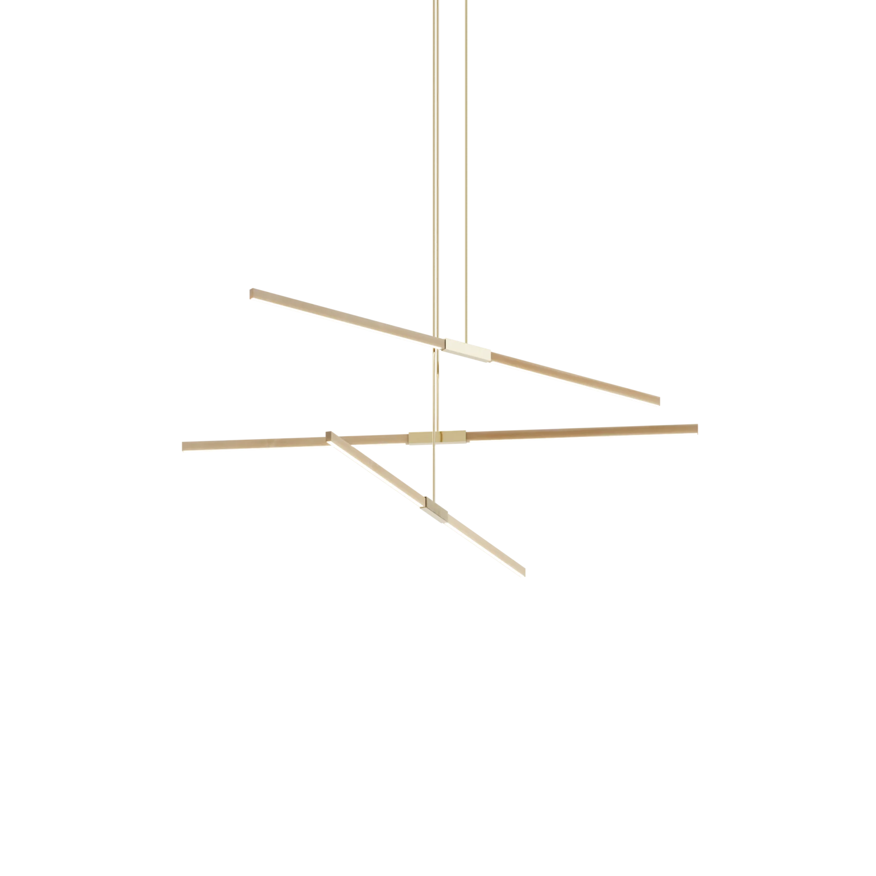 Image of a Stickbulb Multiple Linear Pendant lighting fixture. The modern fixture consists of sleek wooden beams with multiple integrated LED bulbs. The bulbs emit warm, diffused light, casting a gentle glow in the surrounding space. The wooden beam is suspended from thin cables, giving it a floating appearance.
