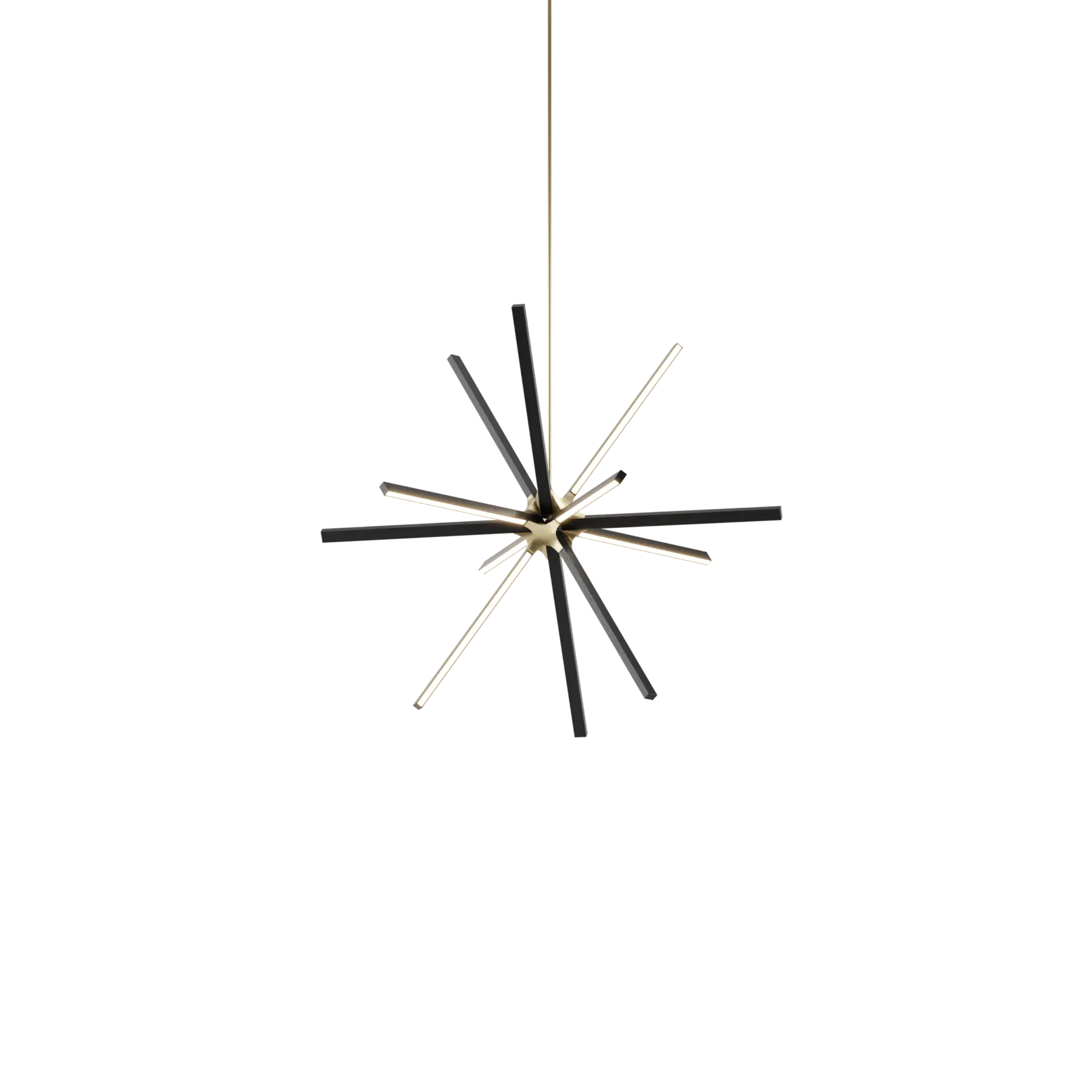 Image of a Stickbulb Boom lighting fixture. The modern fixture consists of sleek wooden beams with multiple integrated LED bulbs.