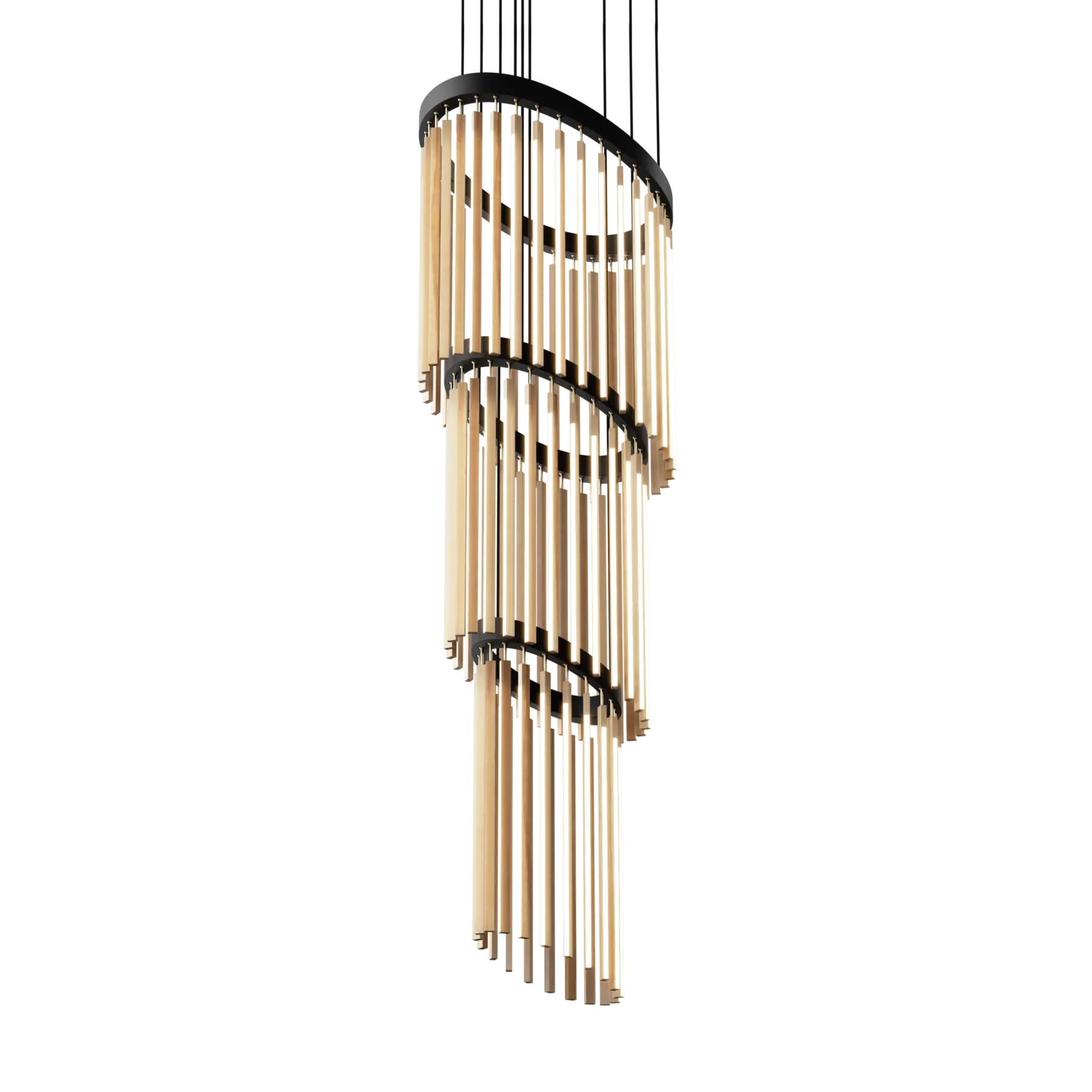 Image of a Stickbulb Chime Cascade lighting fixture. The modern fixture consists of sleek wooden beams with multiple integrated LED bulbs.