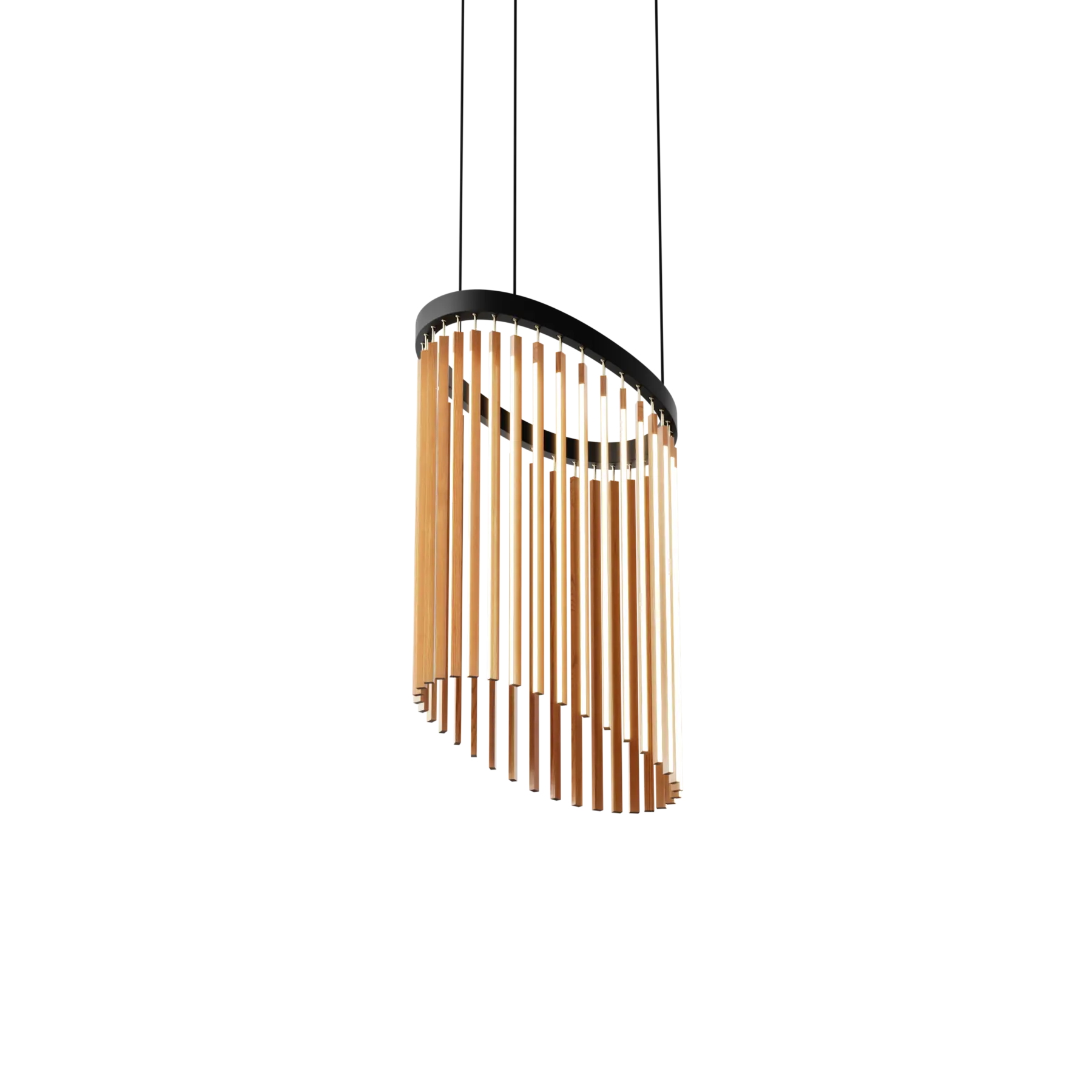Image of a Stickbulb Chime lighting fixture. The modern fixture consists of sleek wooden beams with multiple integrated LED bulbs.