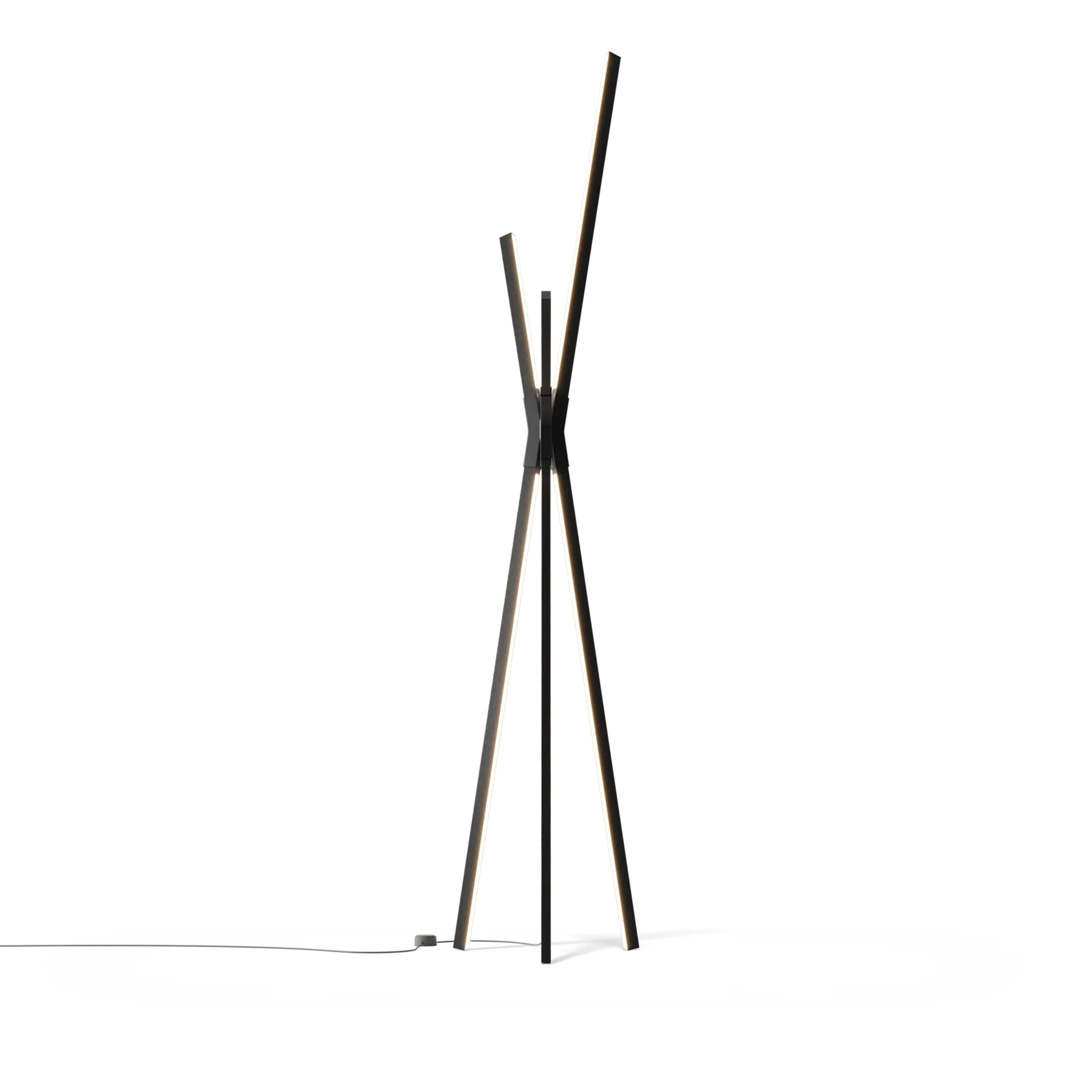 Image of a Stickbulb Floor Bang lighting fixture. The modern fixture consists of sleek wooden beams with multiple integrated LED bulbs.