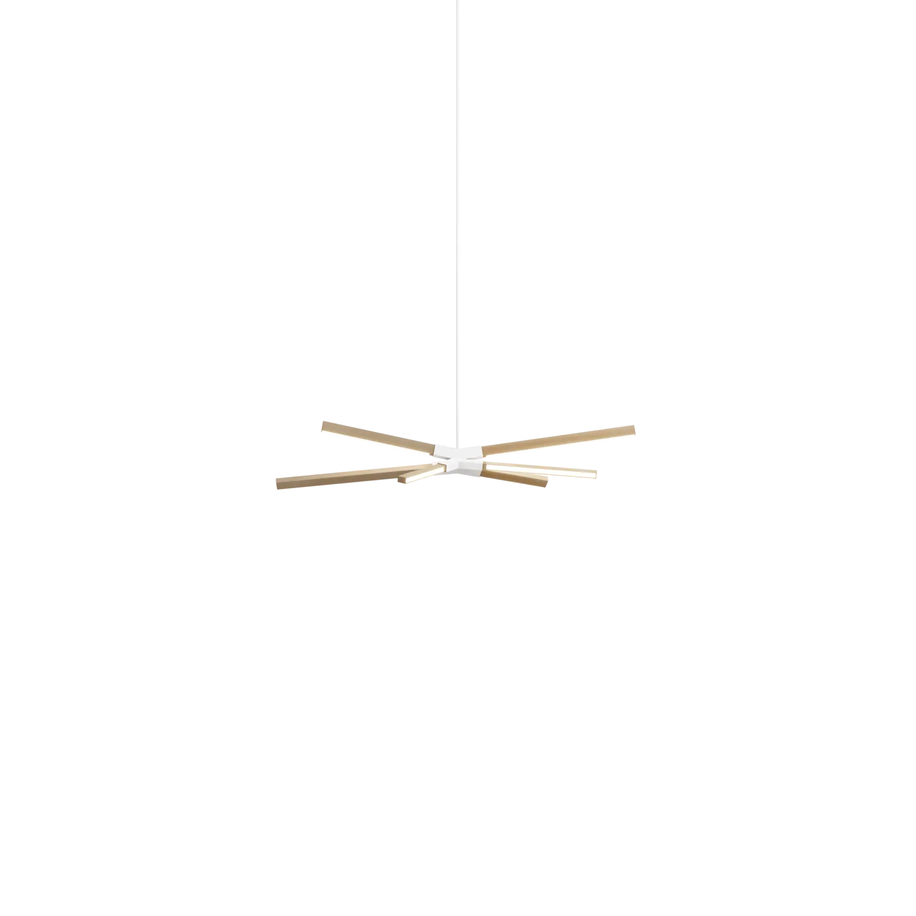 Image of a Stickbulb Skybang lighting fixture. The modern fixture consists of sleek wooden beams with multiple integrated LED bulbs.