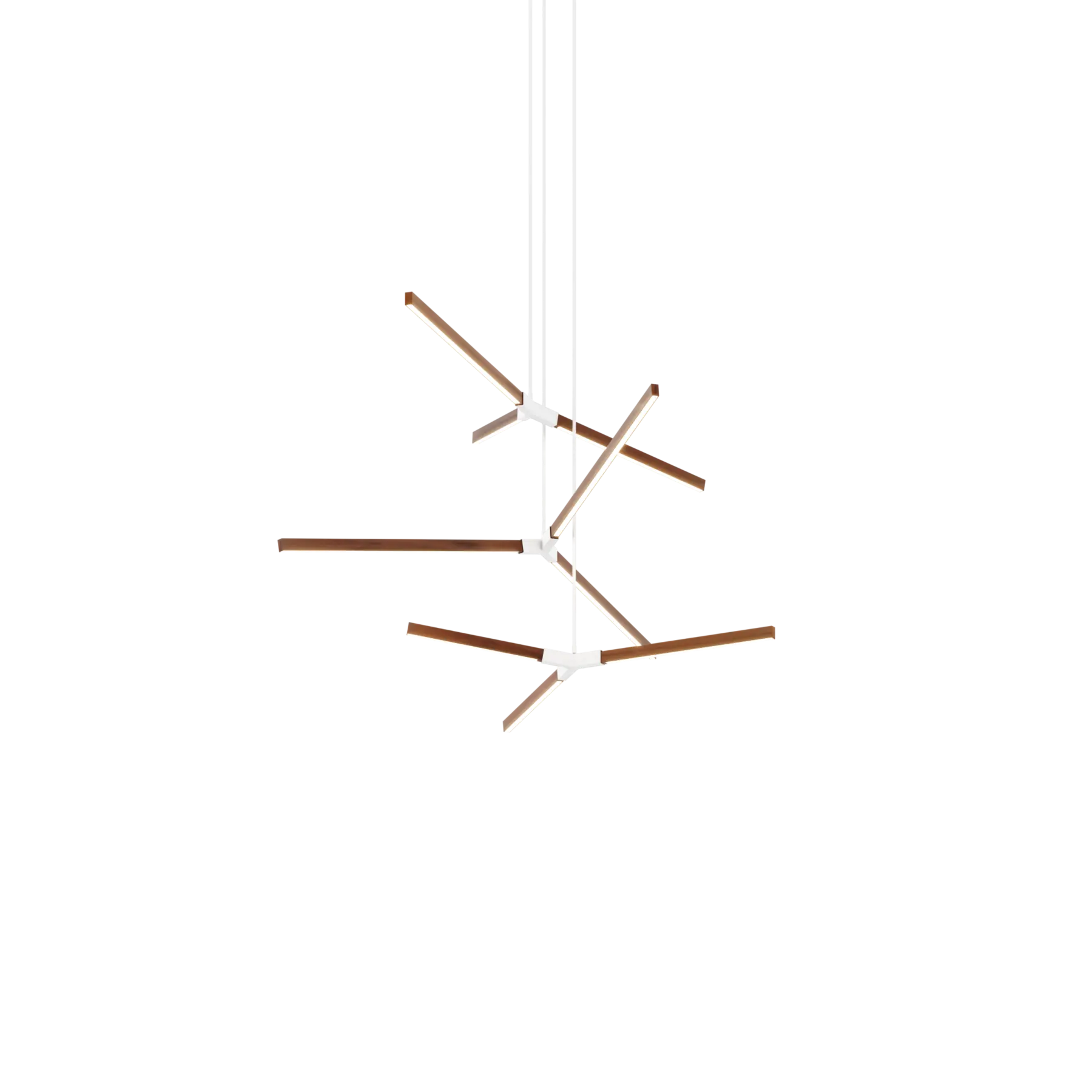 Image of a Stickbulb Multiple Bough lighting fixture. The modern fixture consists of sleek wooden beams with multiple integrated LED bulbs.