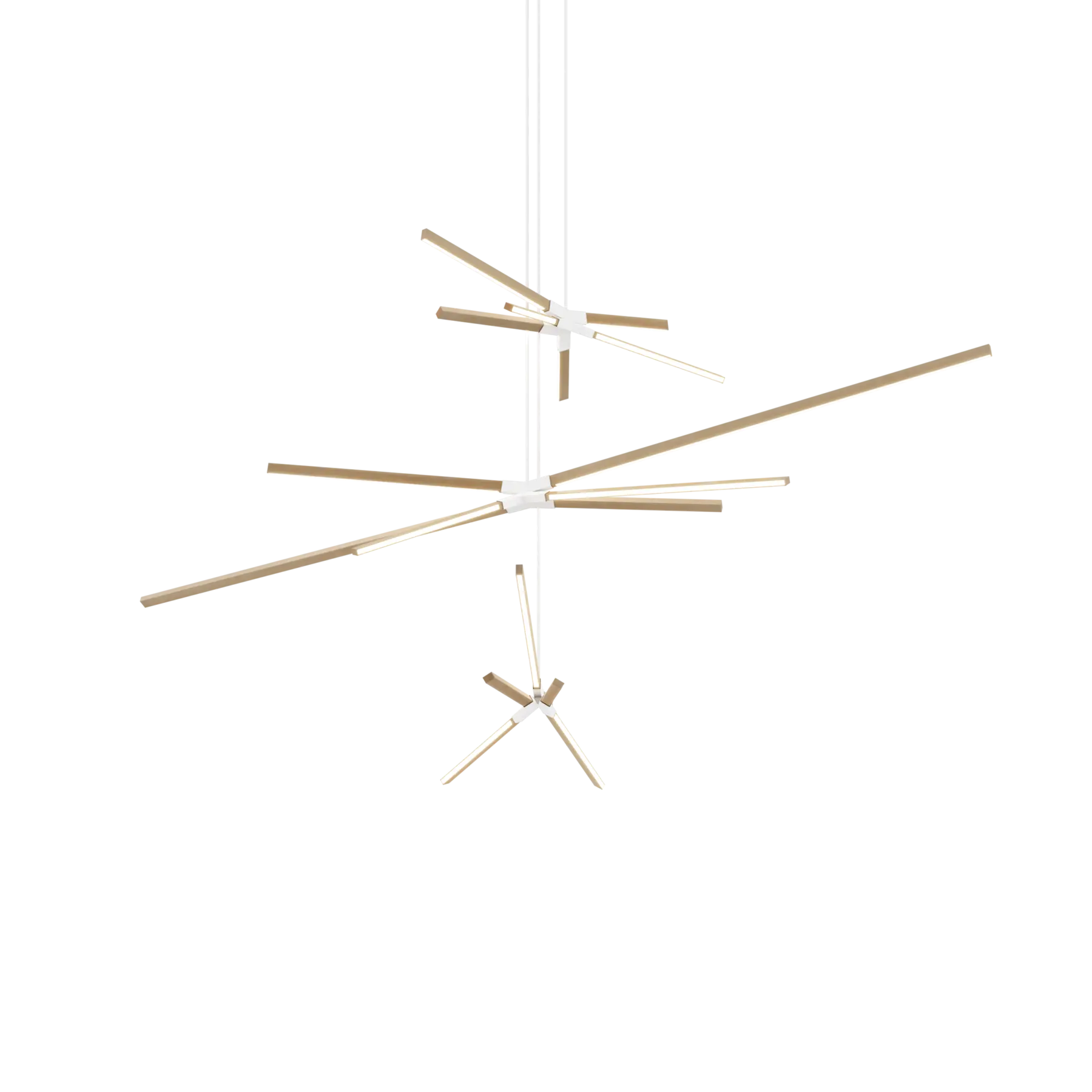 Image of a Stickbulb Multiple Skybang lighting fixture. The modern fixture consists of sleek wooden beams with multiple integrated LED bulbs.