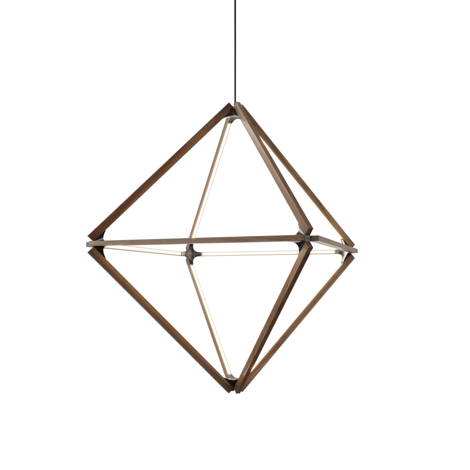 Image of a Stickbulb Diamond lighting fixture. The modern fixture consists of sleek wooden beams with multiple integrated LED bulbs. The bulbs emit warm, diffused light, casting a gentle glow in the surrounding space. The wooden beam is suspended from thin cables, giving it a floating appearance.