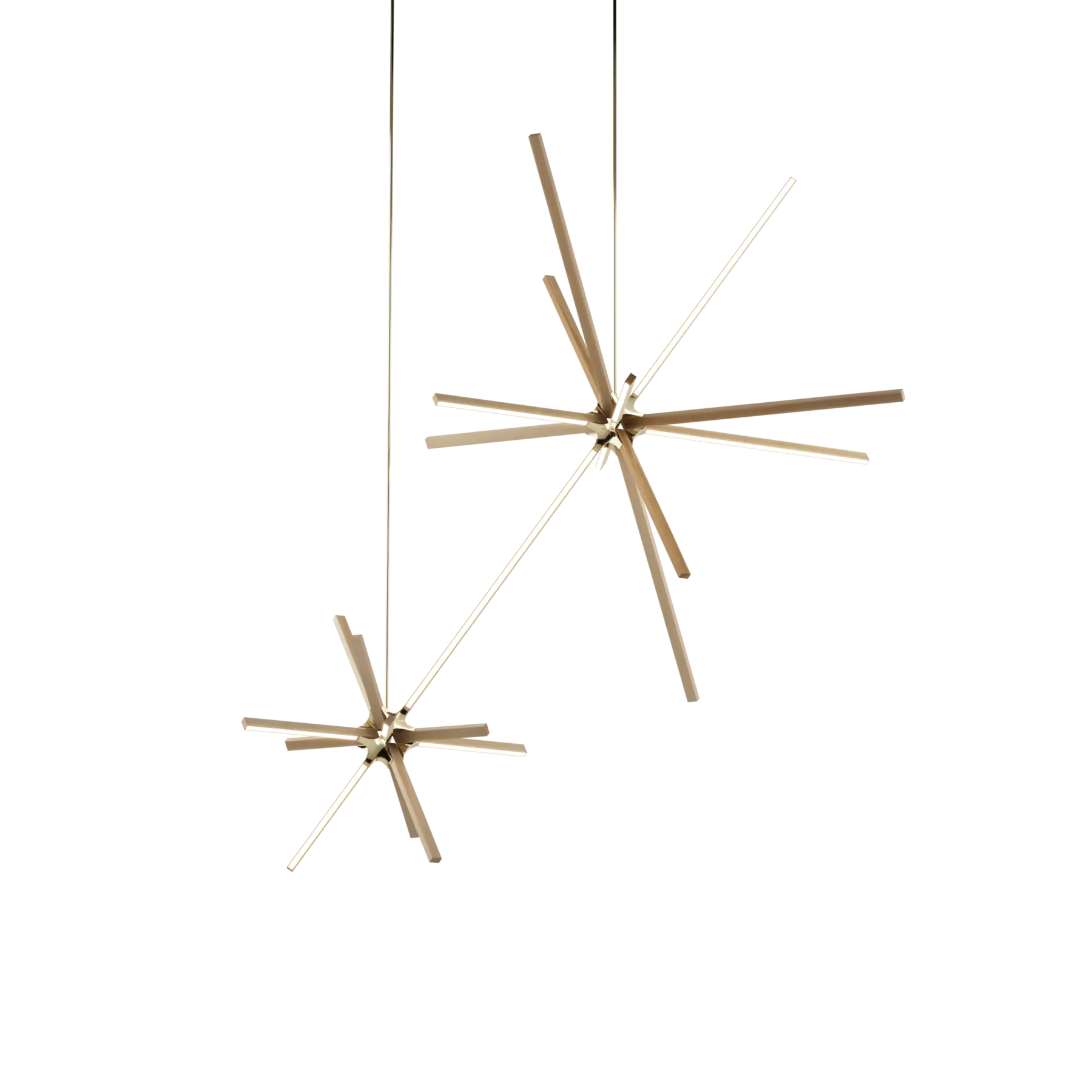 Image of a Stickbulb Double Boom lighting fixture. The modern fixture consists of sleek wooden beams with multiple integrated LED bulbs.