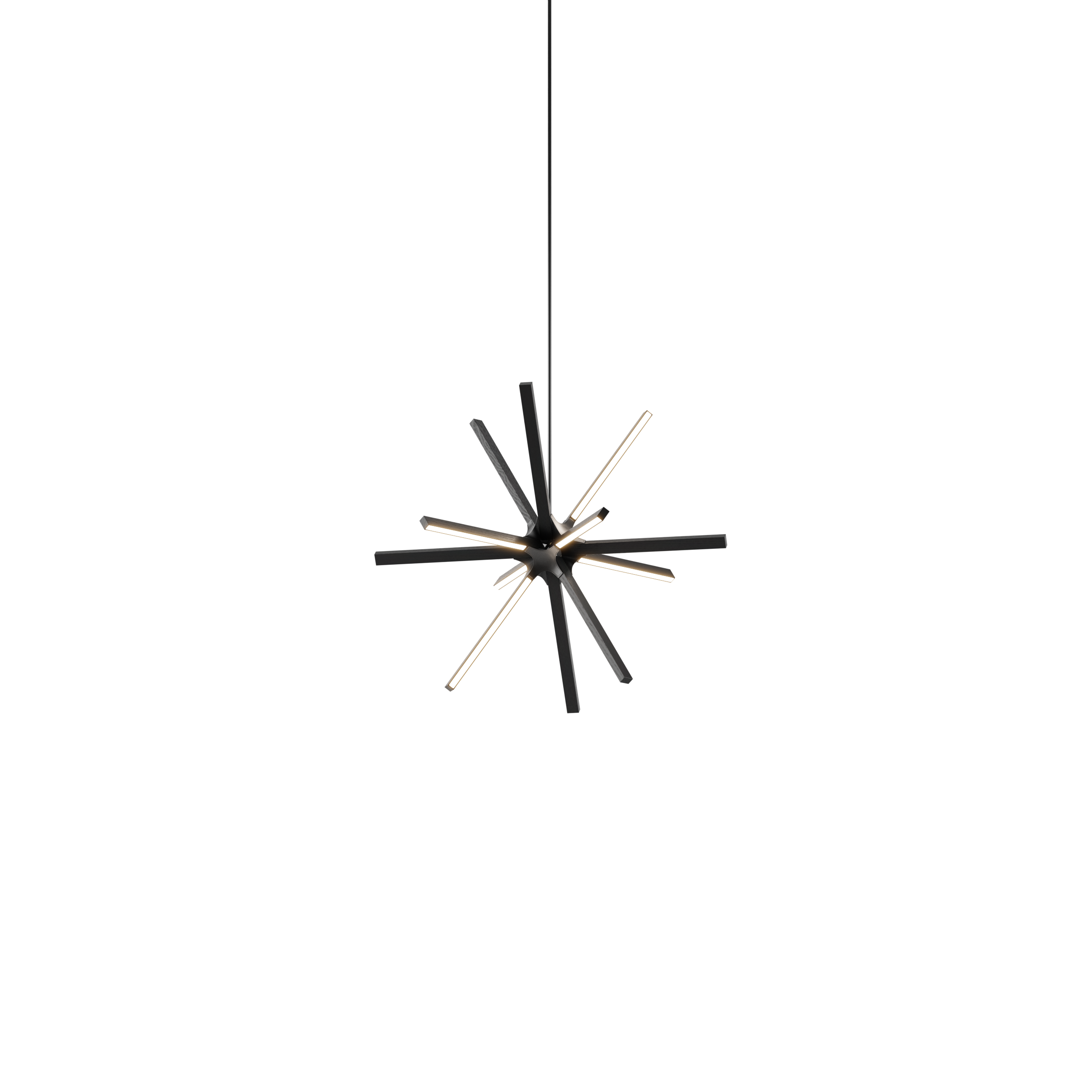 Image of a Stickbulb Boom lighting fixture. The modern fixture consists of sleek wooden beams with multiple integrated LED bulbs.
