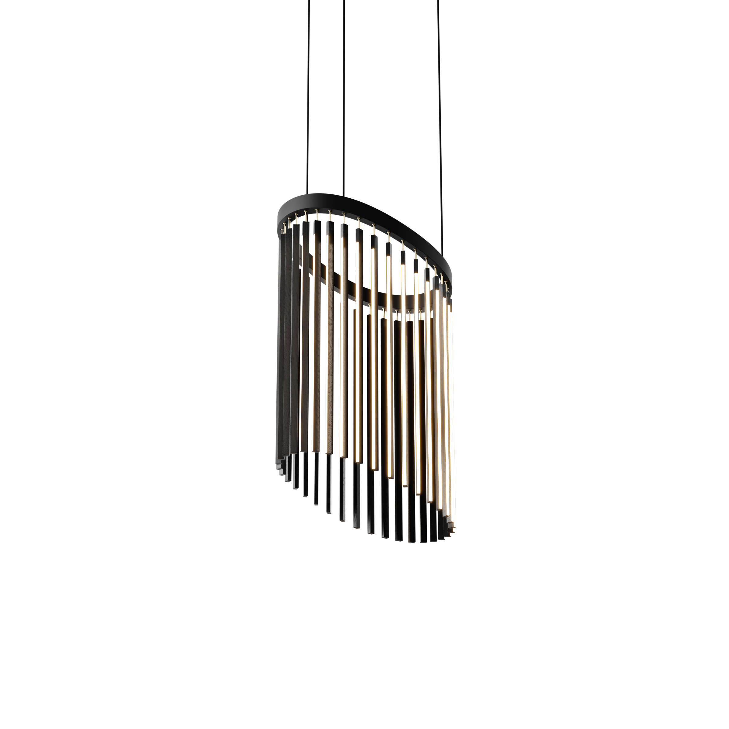 Image of a Stickbulb Chime lighting fixture. The modern fixture consists of sleek wooden beams with multiple integrated LED bulbs.
