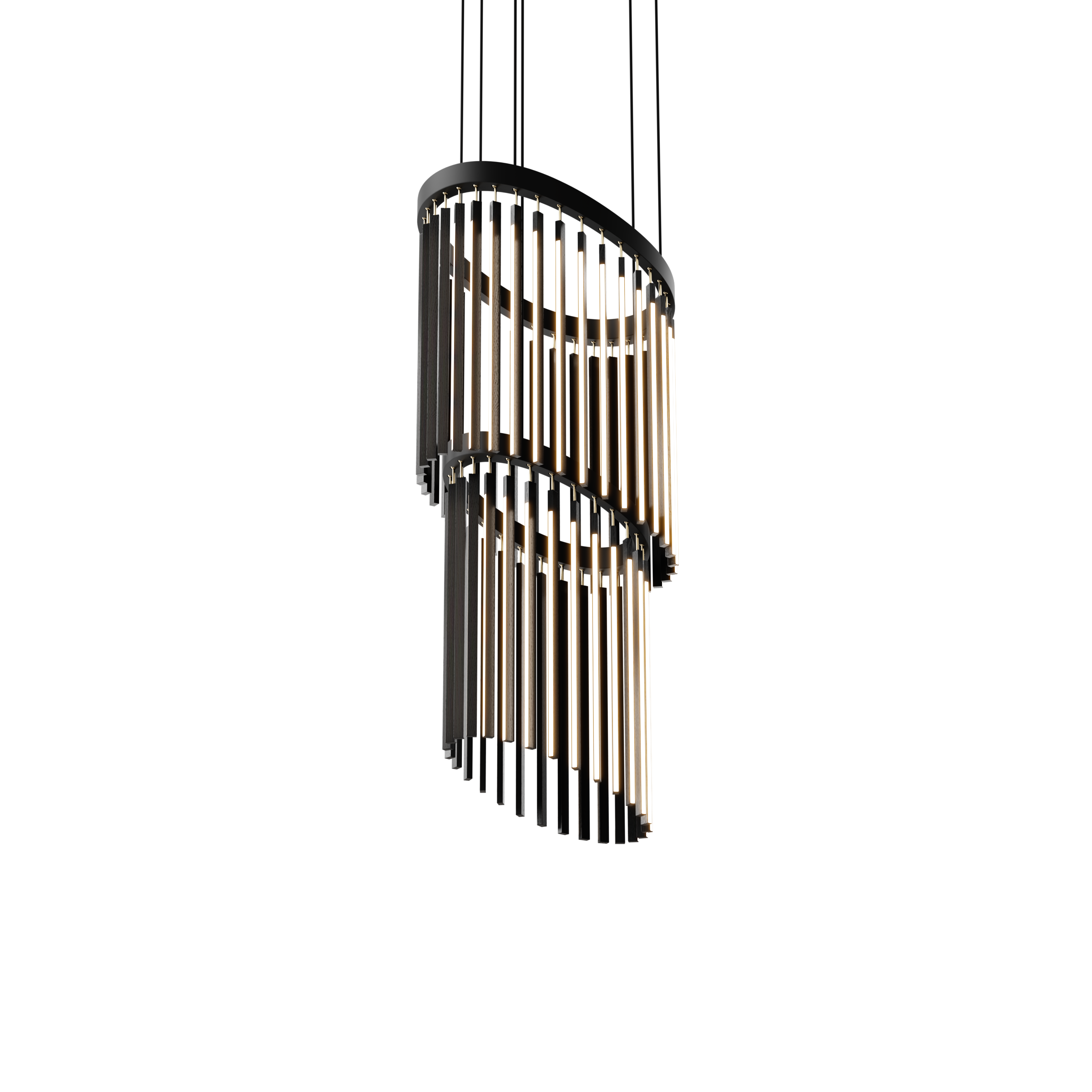 Image of a Stickbulb Chime Cascade lighting fixture. The modern fixture consists of sleek wooden beams with multiple integrated LED bulbs.