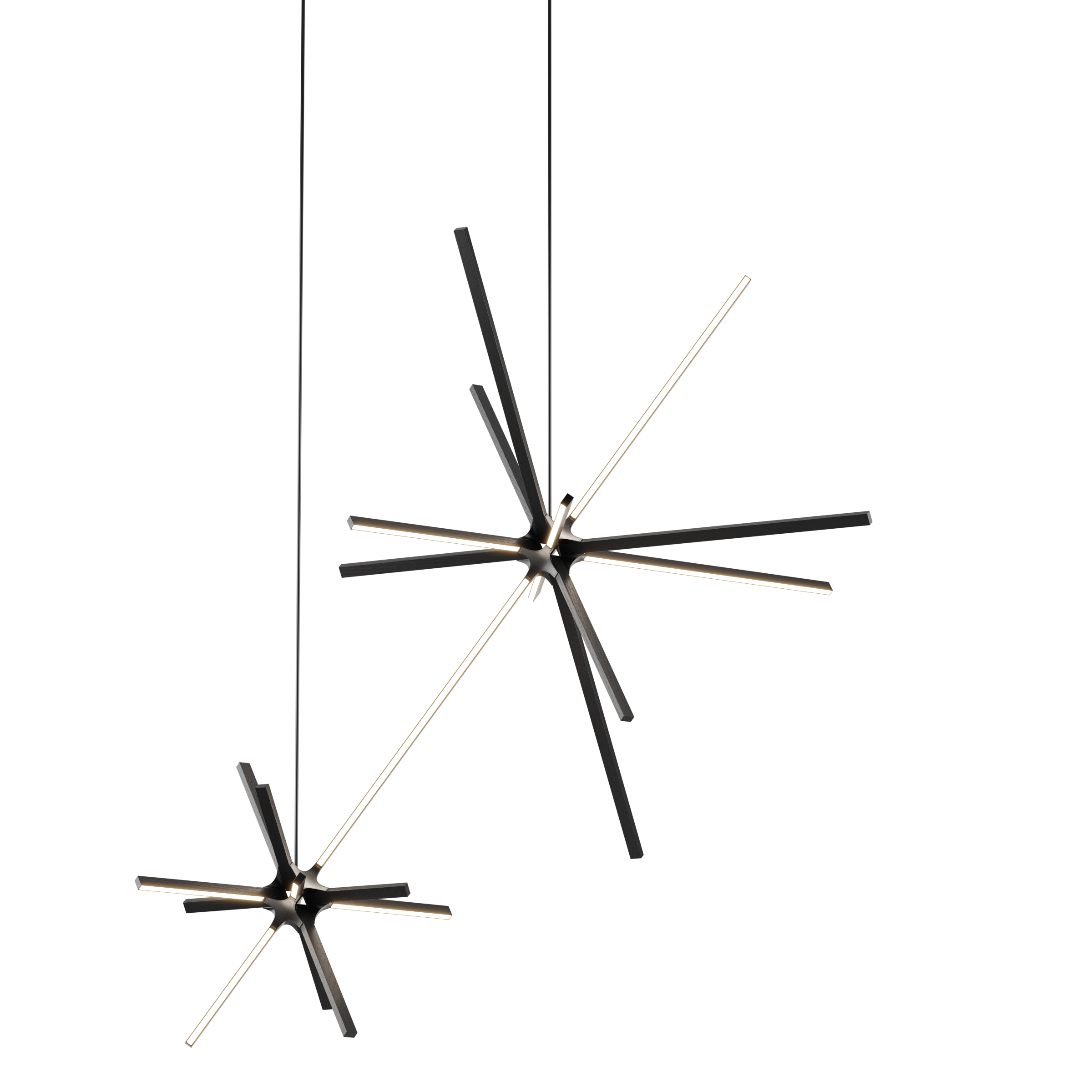Image of a Stickbulb Double Boom lighting fixture. The modern fixture consists of sleek wooden beams with multiple integrated LED bulbs.