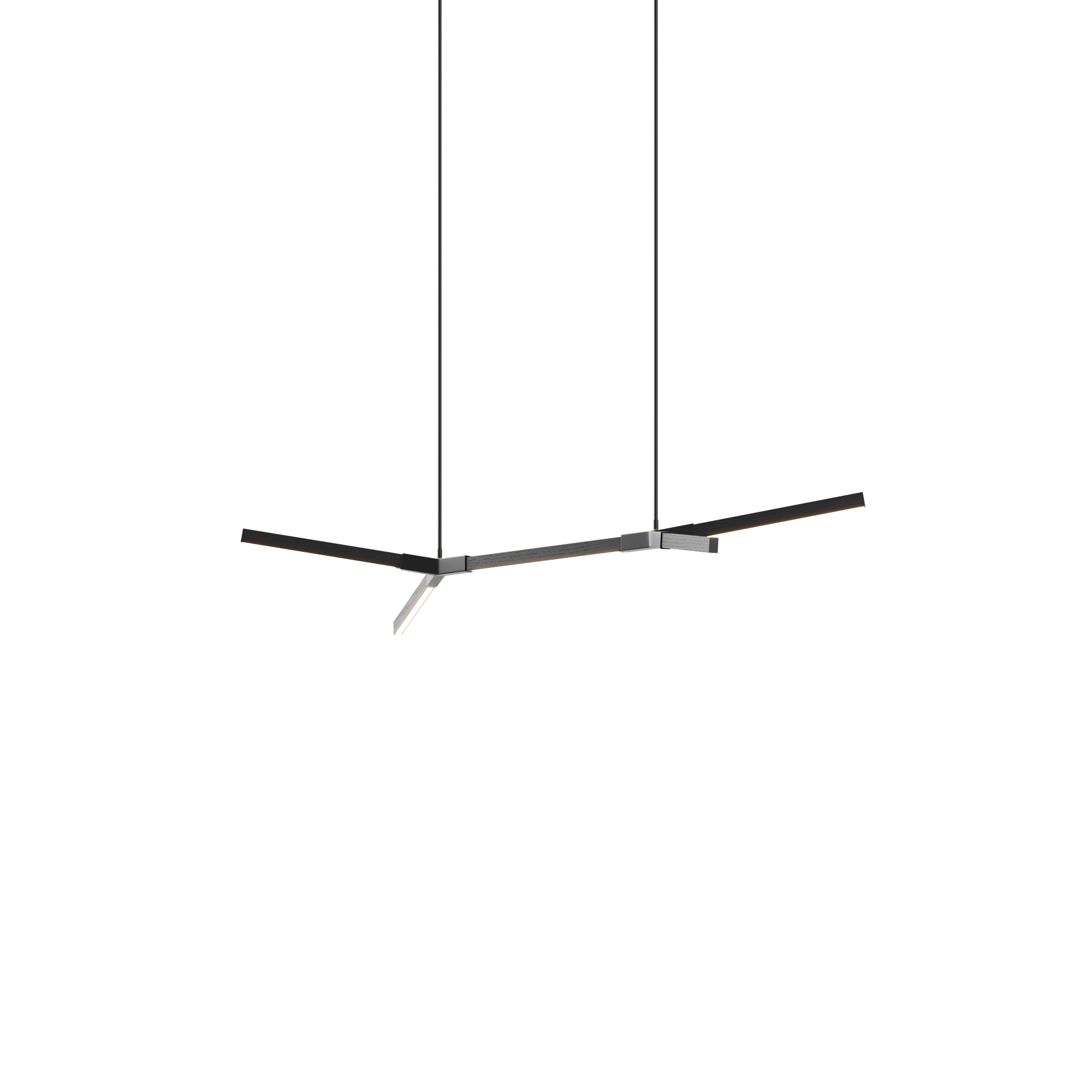 Image of a Stickbulb Double Bough lighting fixture. The modern fixture consists of sleek wooden beams with multiple integrated LED bulbs.