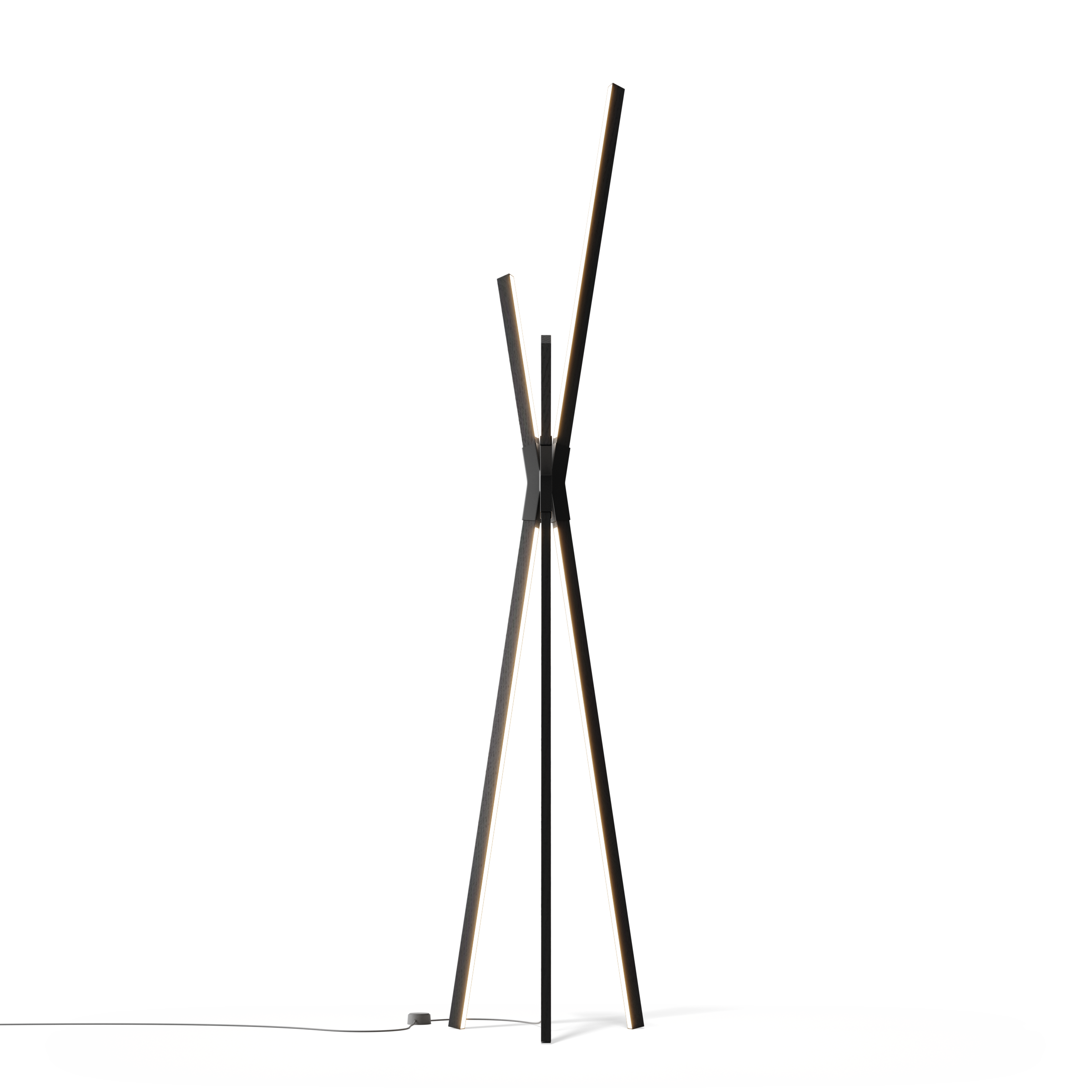 Image of a Stickbulb Floor Bang lighting fixture. The modern fixture consists of sleek wooden beams with multiple integrated LED bulbs.