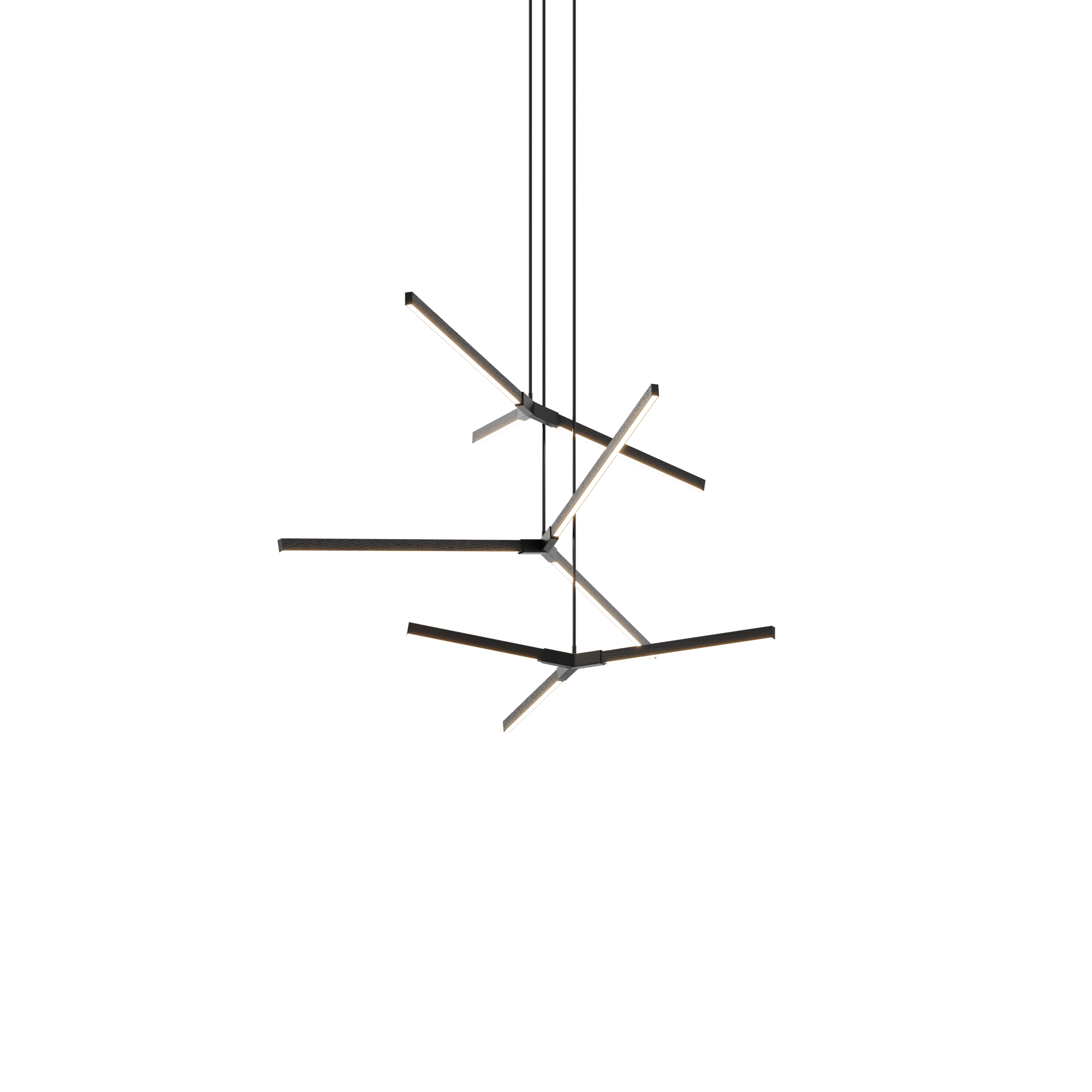 Image of a Stickbulb Multiple Bough lighting fixture. The modern fixture consists of sleek wooden beams with multiple integrated LED bulbs.