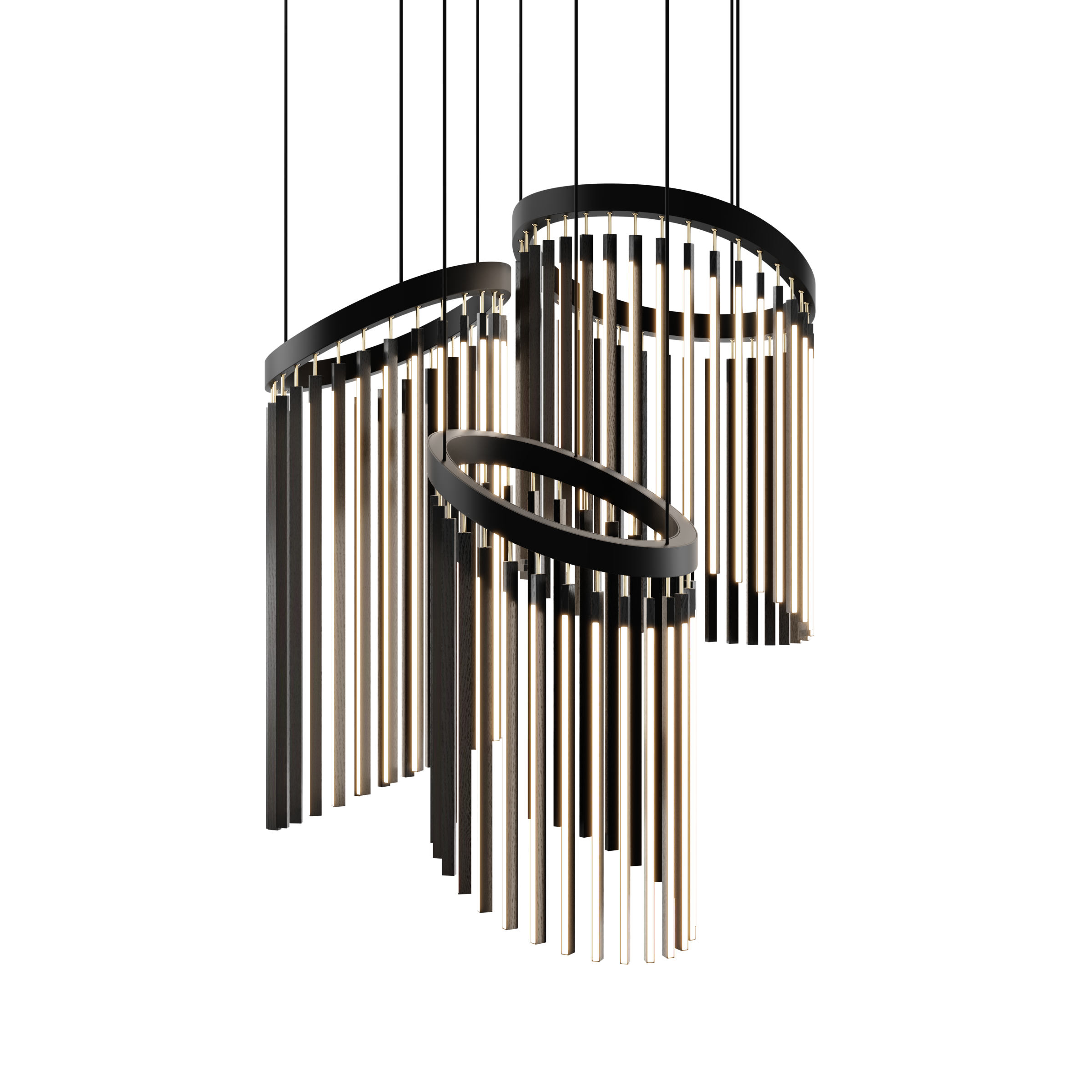 Image of a Stickbulb Multiple Chime lighting fixture. The modern fixture consists of sleek wooden beams with multiple integrated LED bulbs.