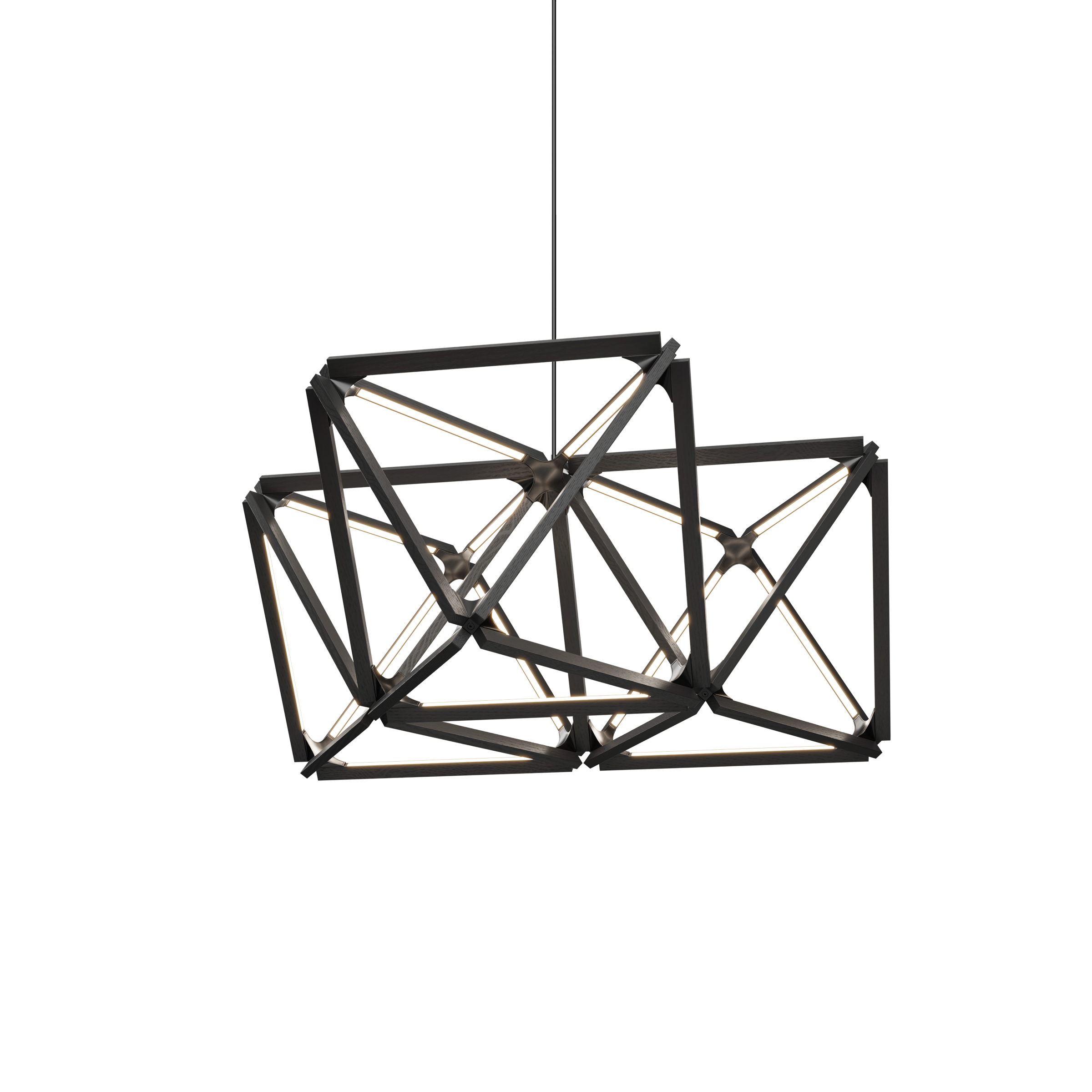 Image of a Stickbulb Triple X lighting fixture. The modern fixture consists of sleek wooden beams with multiple integrated LED bulbs.