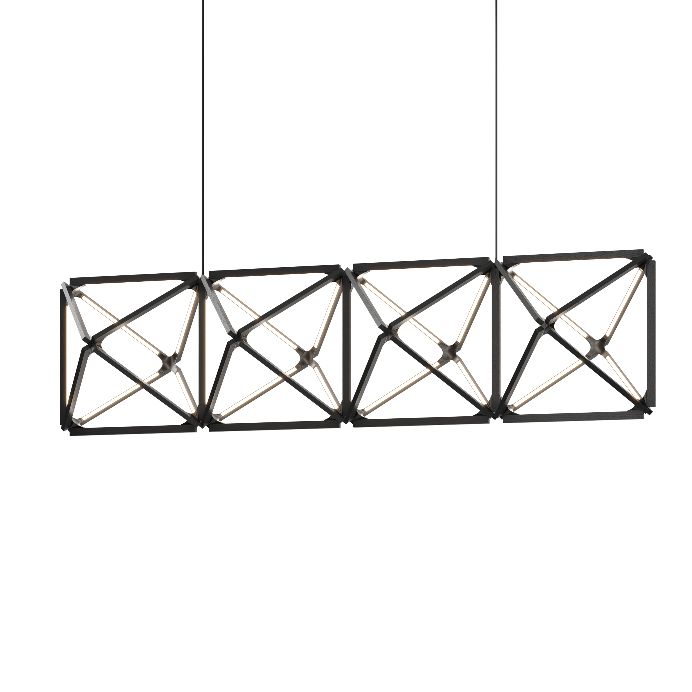 Image of a Stickbulb Truss lighting fixture. The modern fixture consists of sleek wooden beams with multiple integrated LED bulbs.